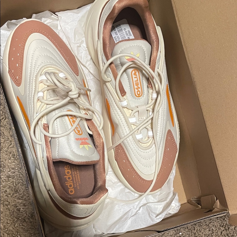 Adidas Cream and Brown Sneakers with Orange Accents
